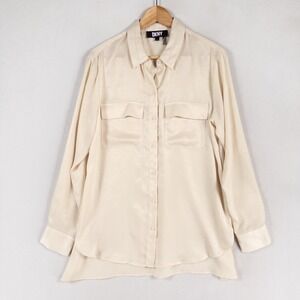 DKNY Shirt Blouse Womens Small Ivory Satin Shimmer Button Up Pockets Flowy Chic